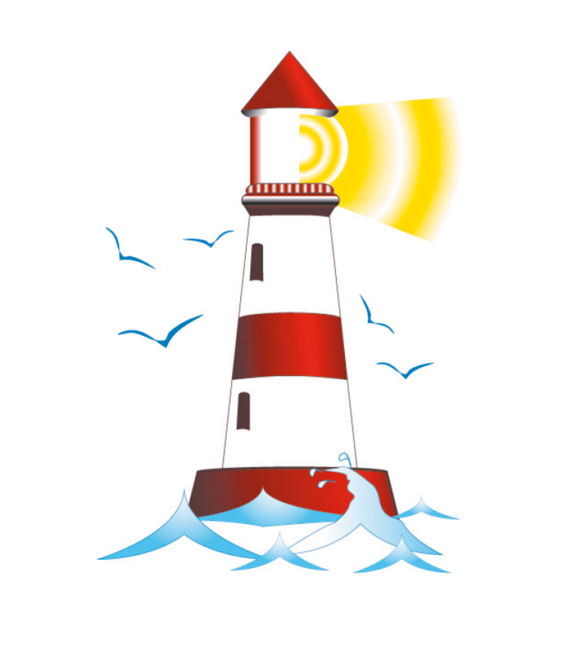 Illustration eines rot-weißen Leuchtturms, der einen gelben Lichtstrahl ausstrahlt, umgeben von fliegenden blauen Vögeln und Wellen an der Basis, vor einem weißen Hintergrund.