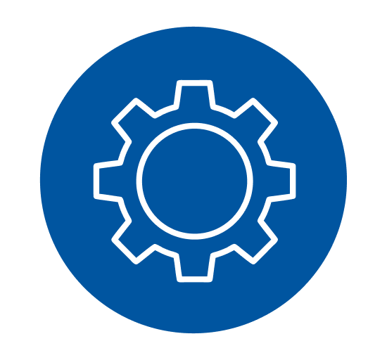 Ein weißes Zahnradsymbol mit blauem kreisförmigen Hintergrund, das Einstellungen oder mechanische Funktionen symbolisiert.