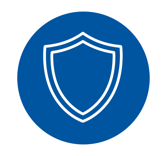 Ein einfaches weißes Schild-Symbol, blau umrandet, zentriert auf einem soliden blauen kreisförmigen Hintergrund. Das Bild symbolisiert Sicherheit oder Schutz.